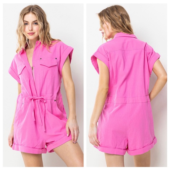18 Linen Solid Pocket Detailed Romper - Picture 1 of 6